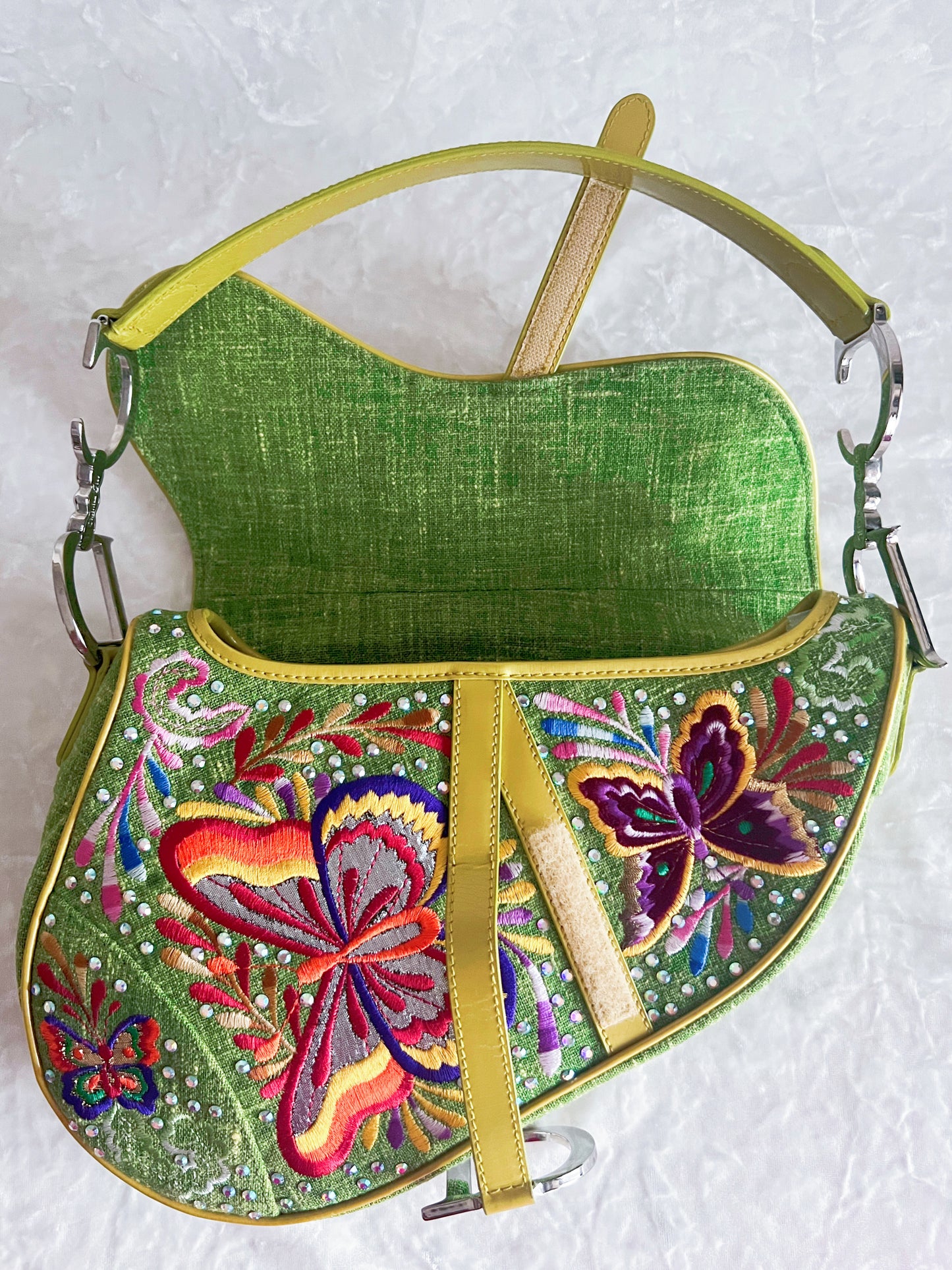 Christian Dior Green Denim Butterfly Saddle Bag