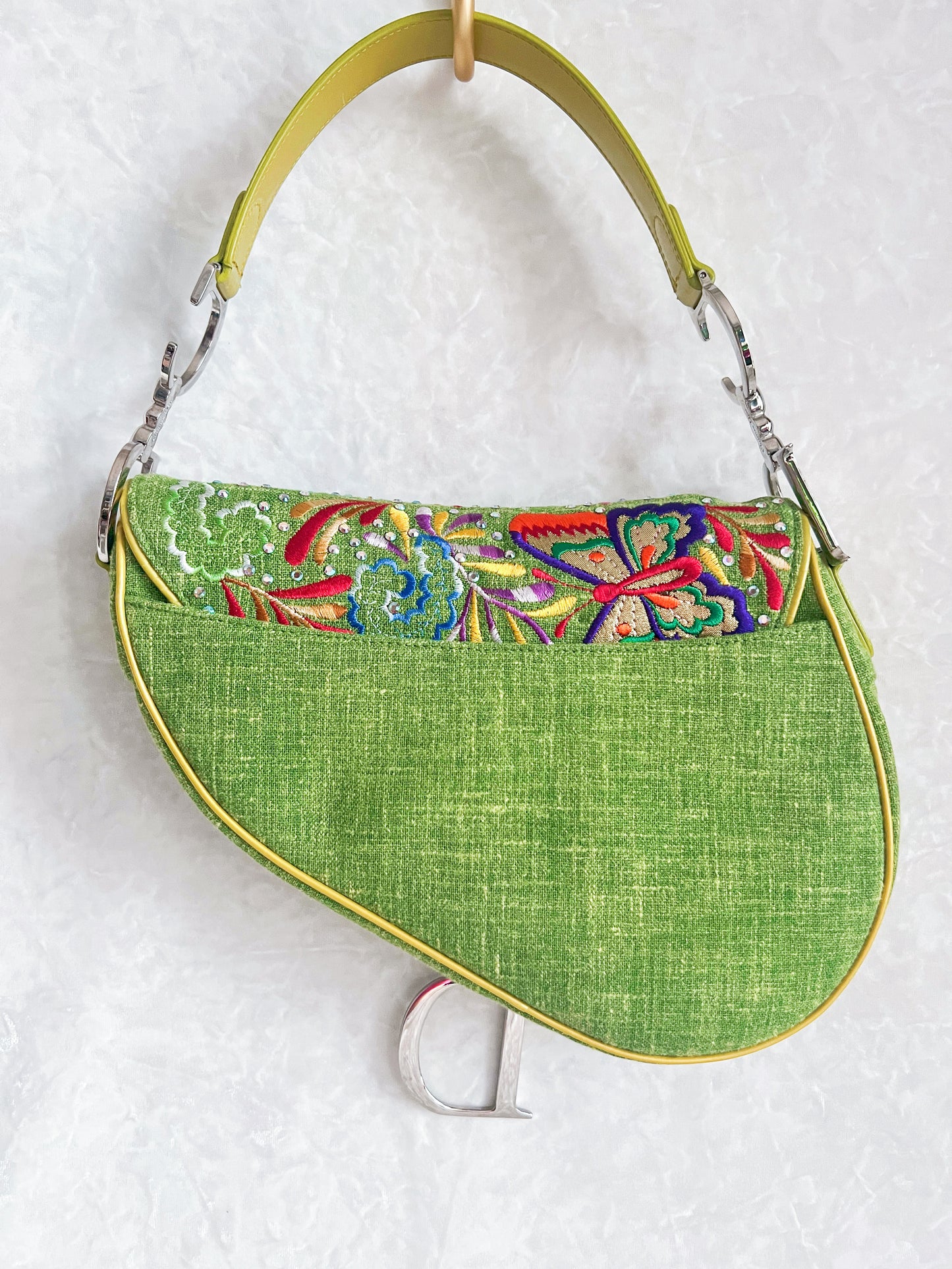Christian Dior Green Denim Butterfly Saddle Bag