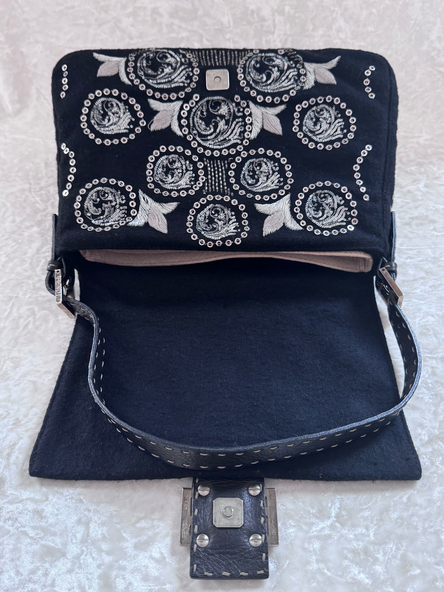 Fendi Black Wool Sliver Embroidery Sequins Mamma Baguette