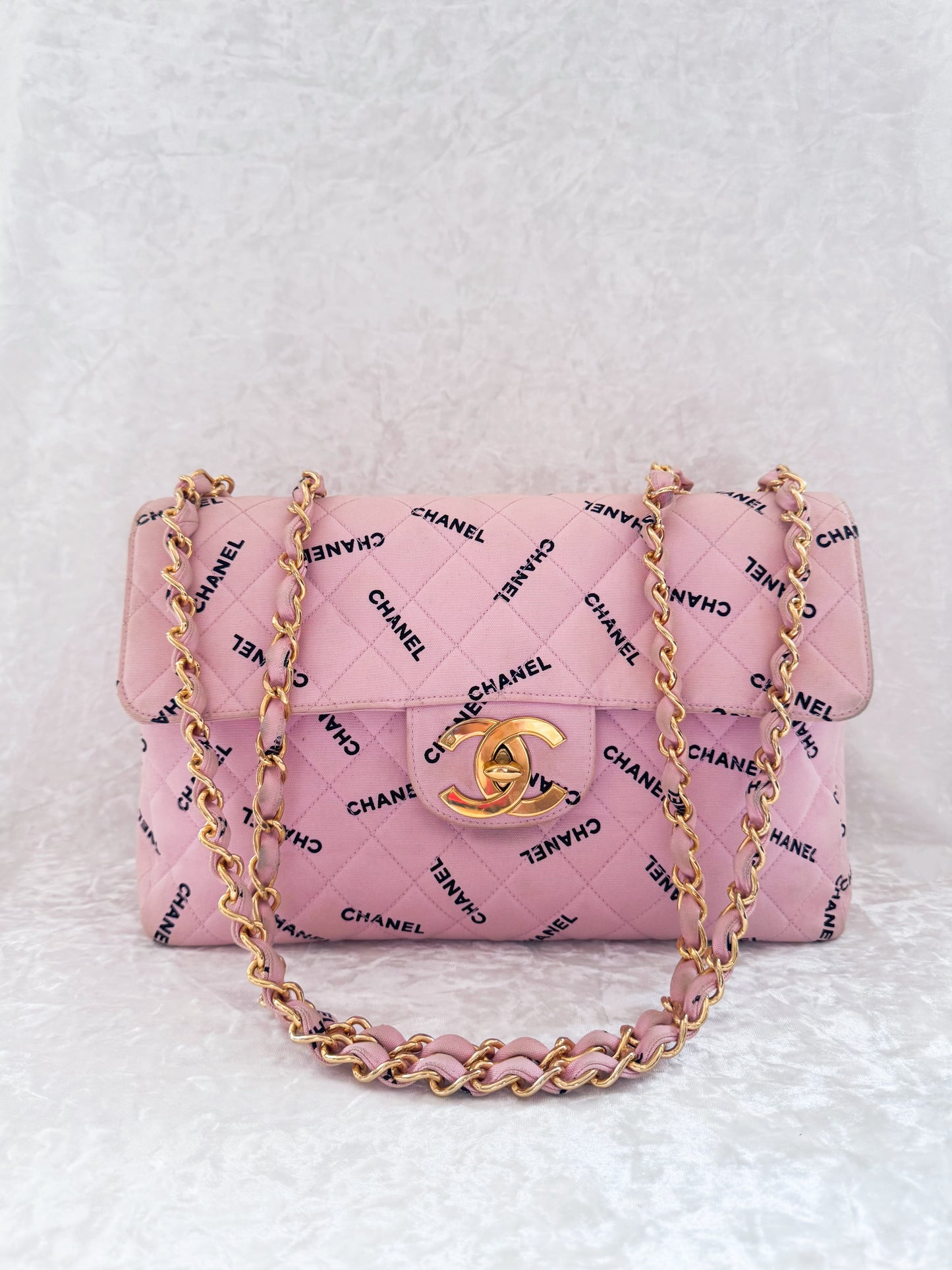 Vintage Chanel Pink Logo Canvas Maxi Shoulder Bag