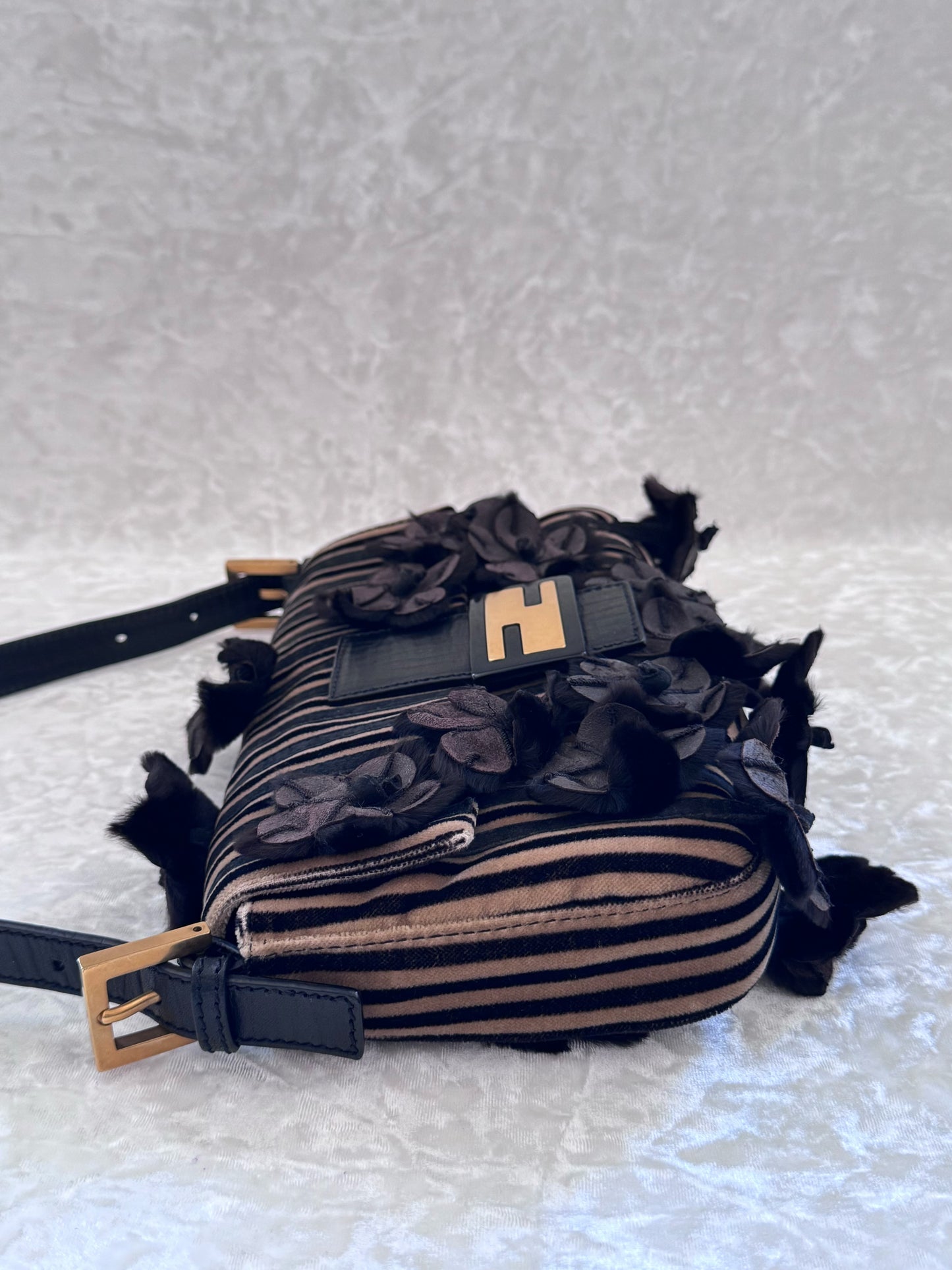 Fendi Velvet Striped Mink Flowers Baguette
