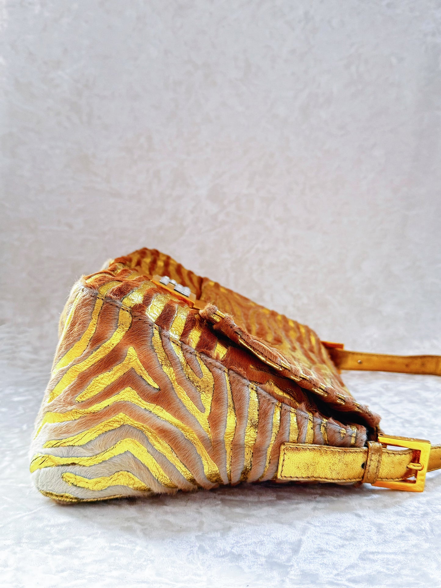Fendi Pony Hair Zebra Printed Gold Mamma Baguette