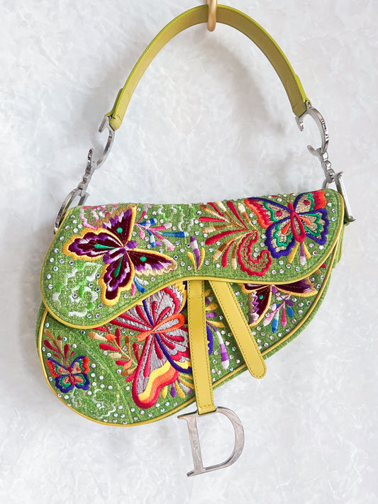Christian Dior Green Denim Butterfly Saddle Bag