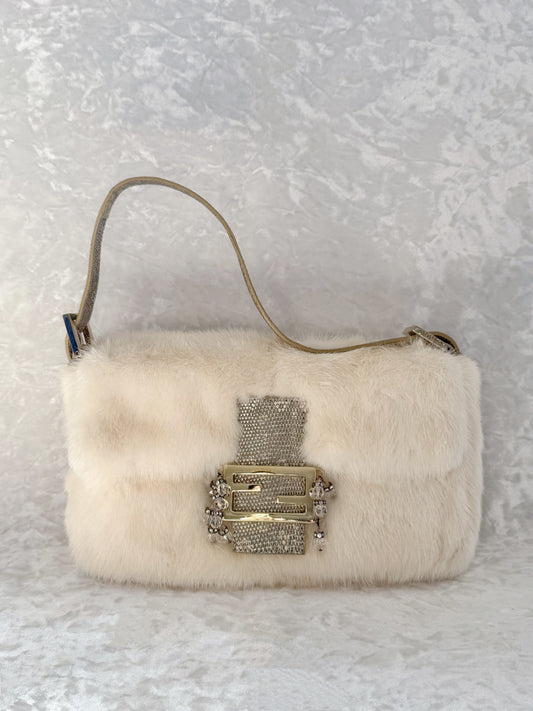 Fendi White Mink Baguette