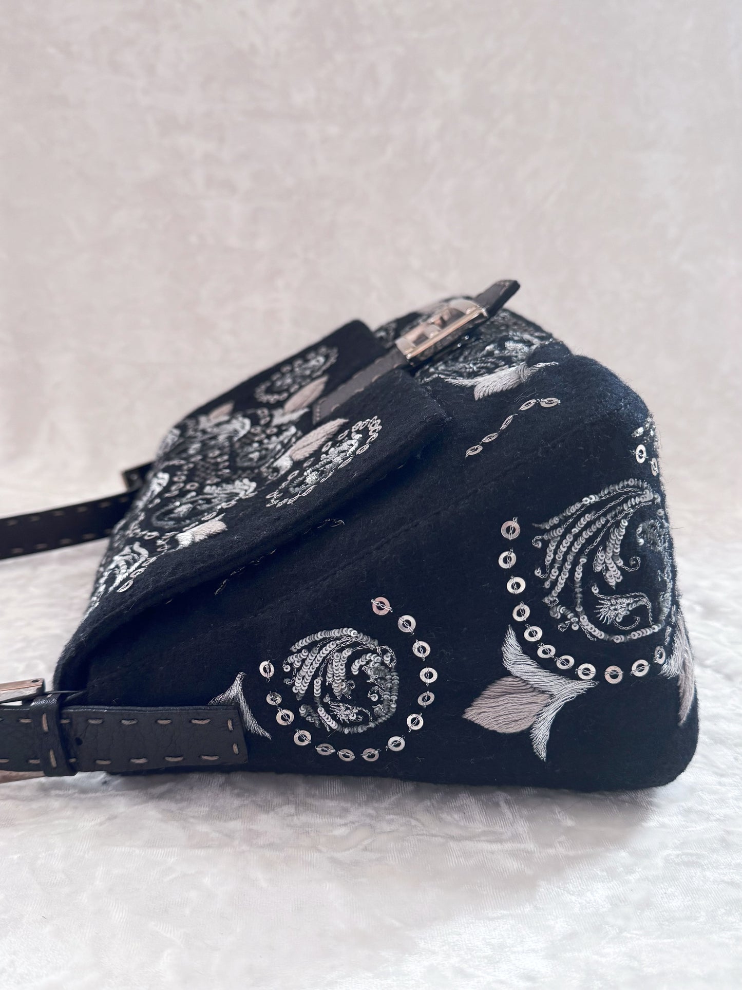 Fendi Black Wool Sliver Embroidery Sequins Mamma Baguette