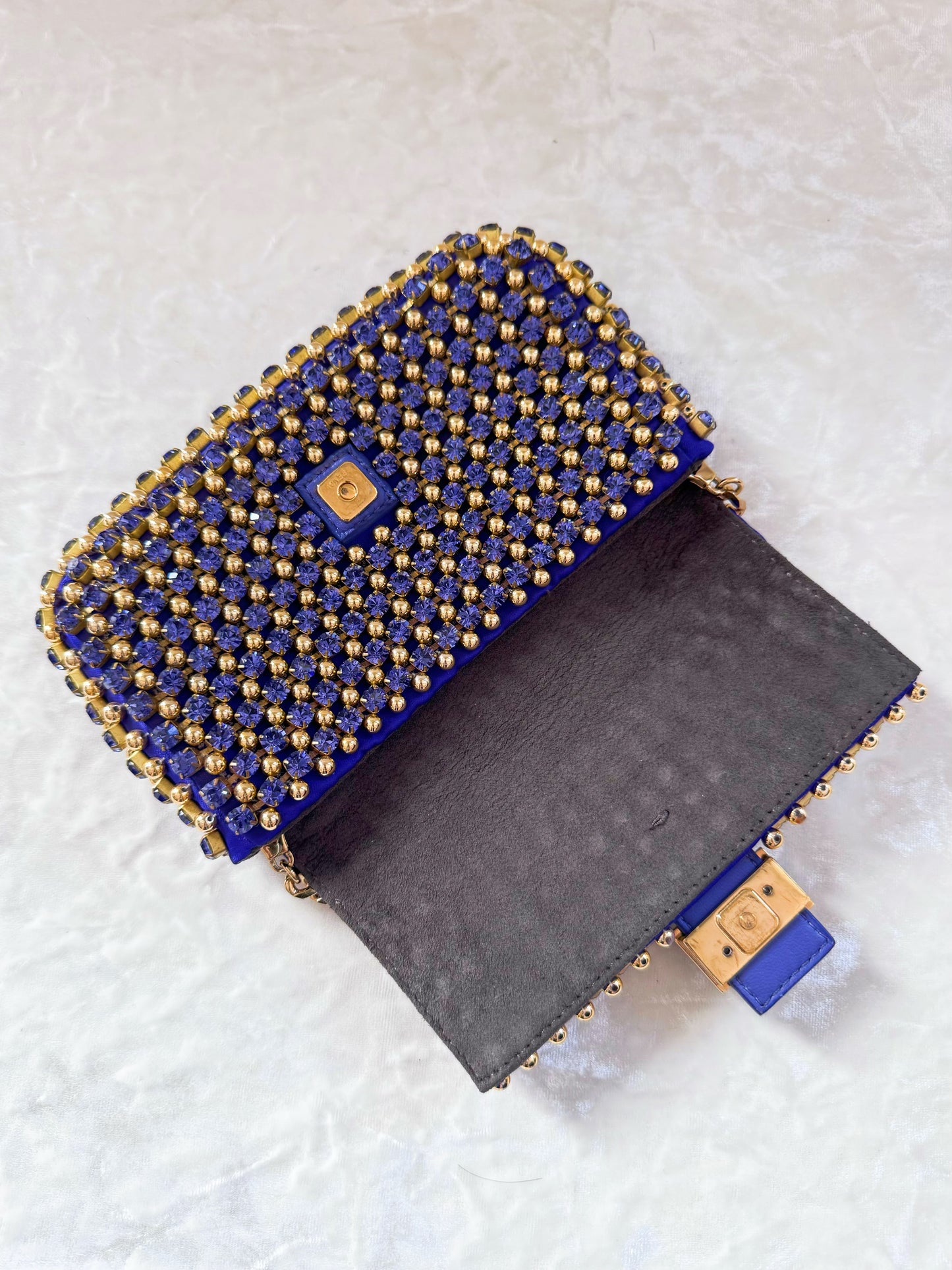 Fendi Purple Rhinestone Gold Beaded Mini Baguette