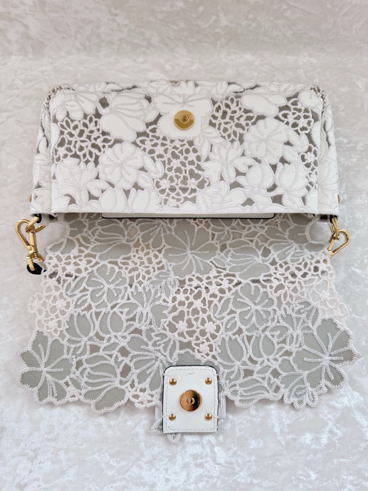 Fendi 2021 White Floral Laced Baguette