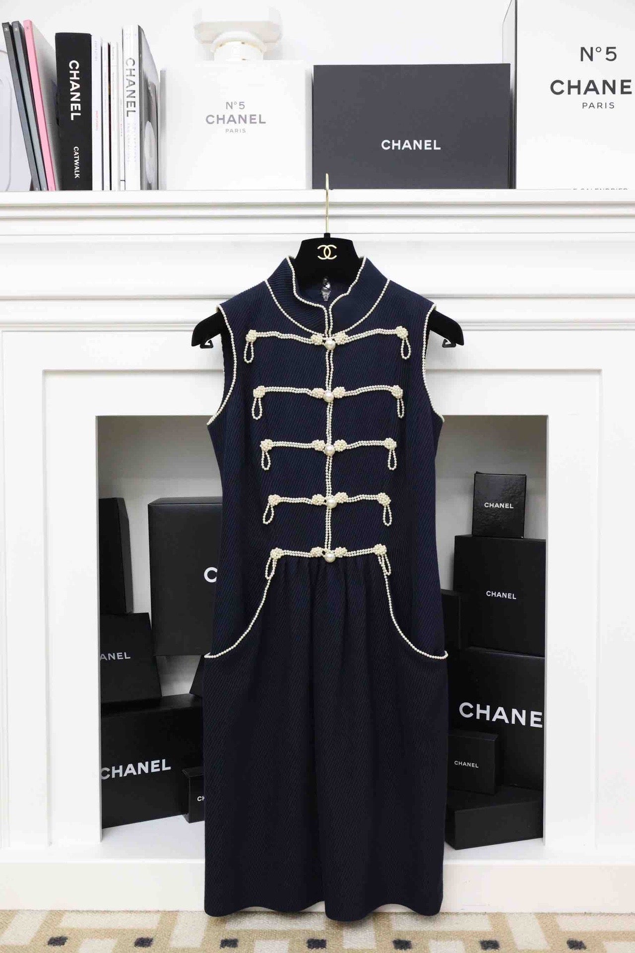 Chanel 09P navy blue twill trompe loeil white pearl military dress