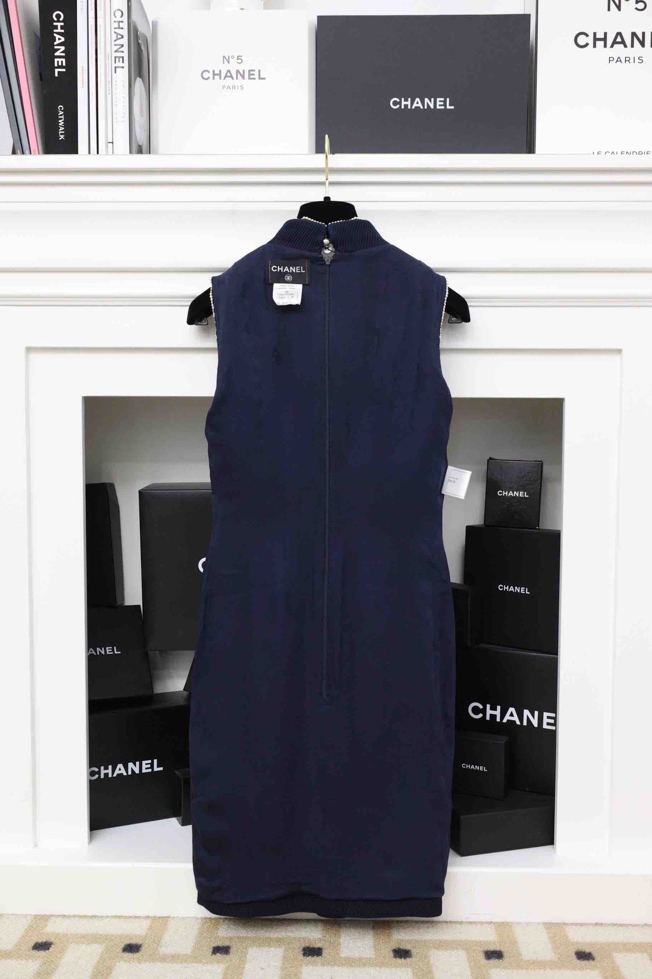 Chanel 09P navy blue twill trompe loeil white pearl military dress