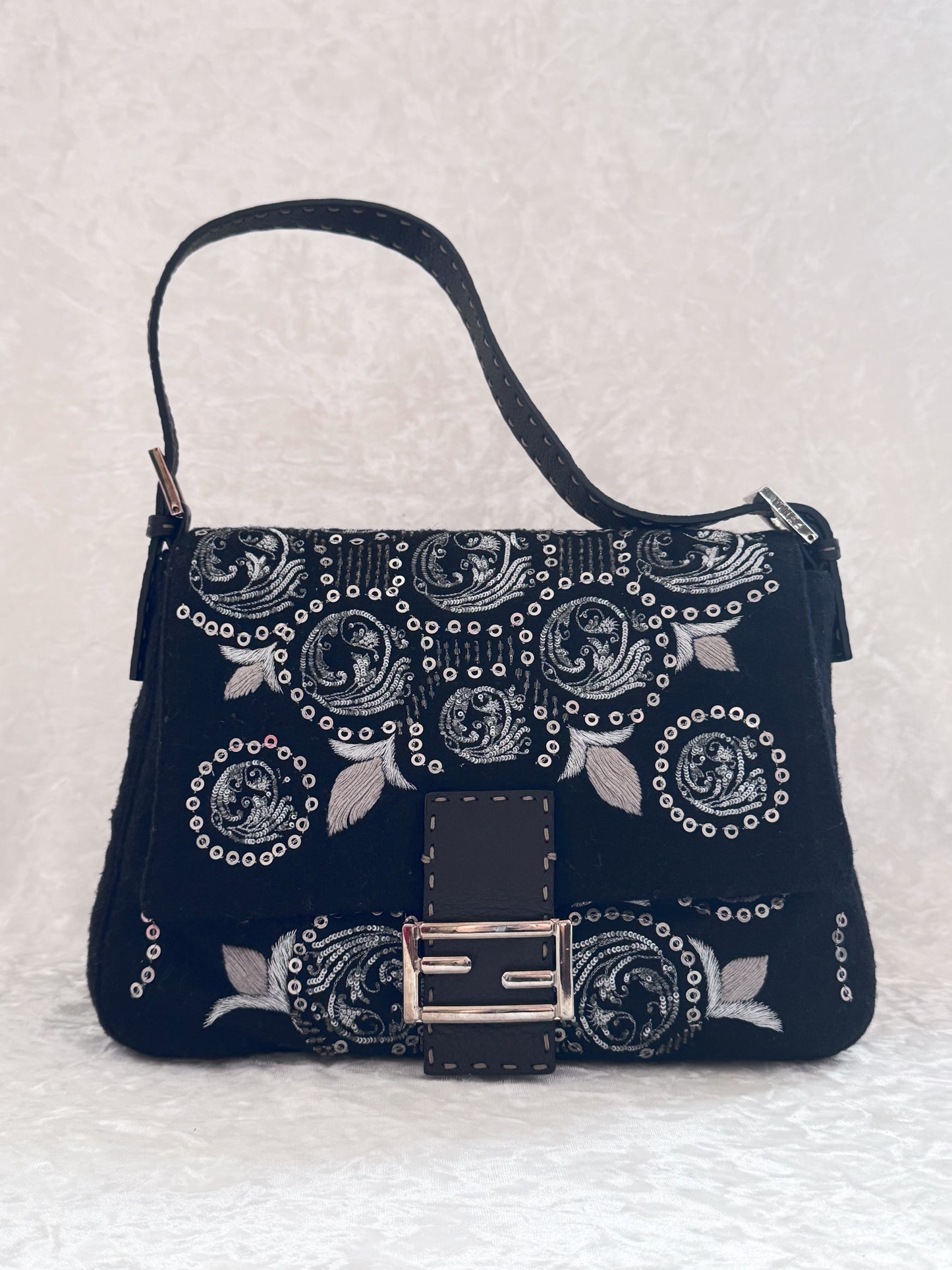 Fendi Black Wool Sliver Embroidery Sequins Mamma Baguette