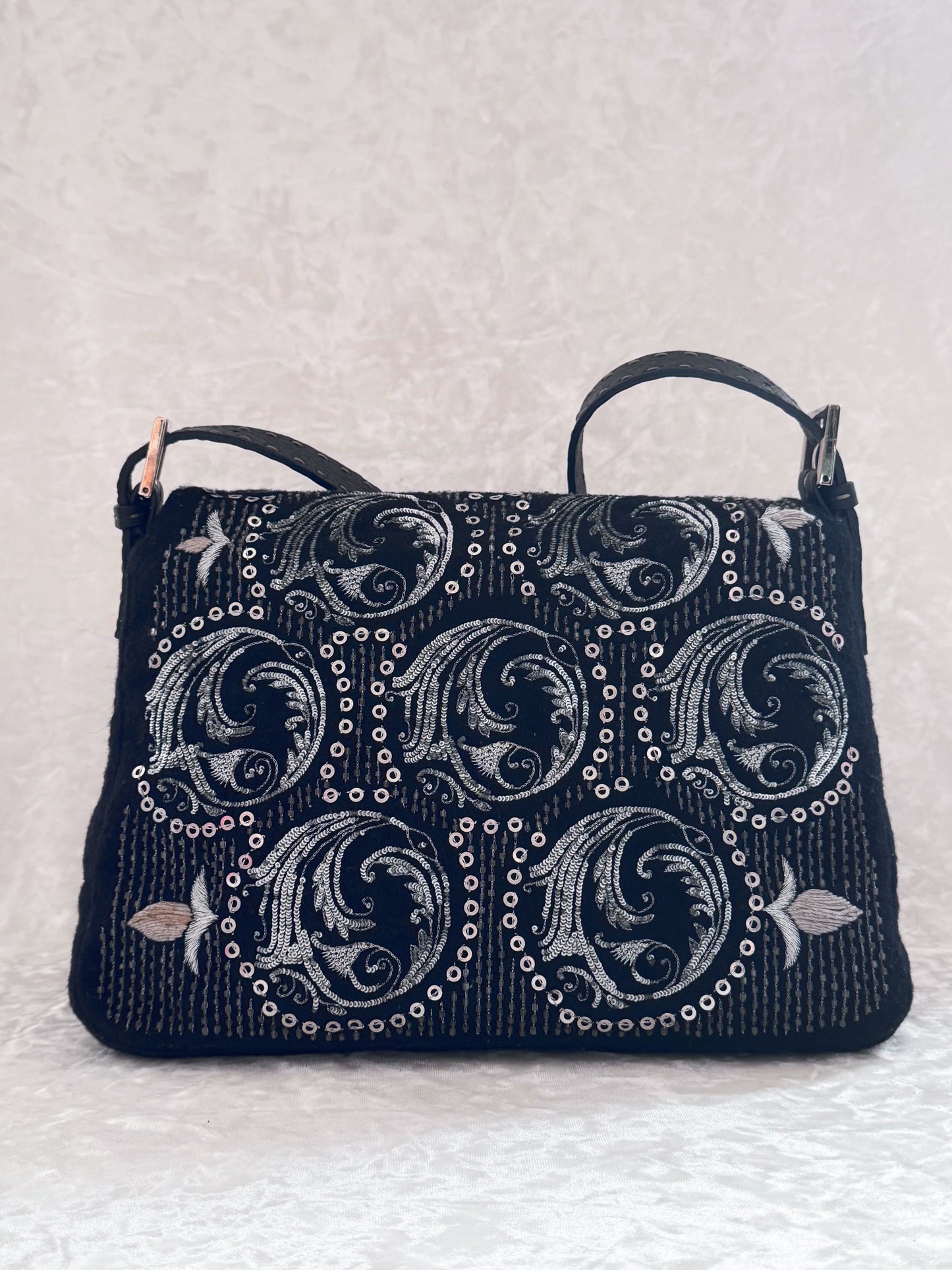 Fendi Black Wool Sliver Embroidery Sequins Mamma Baguette