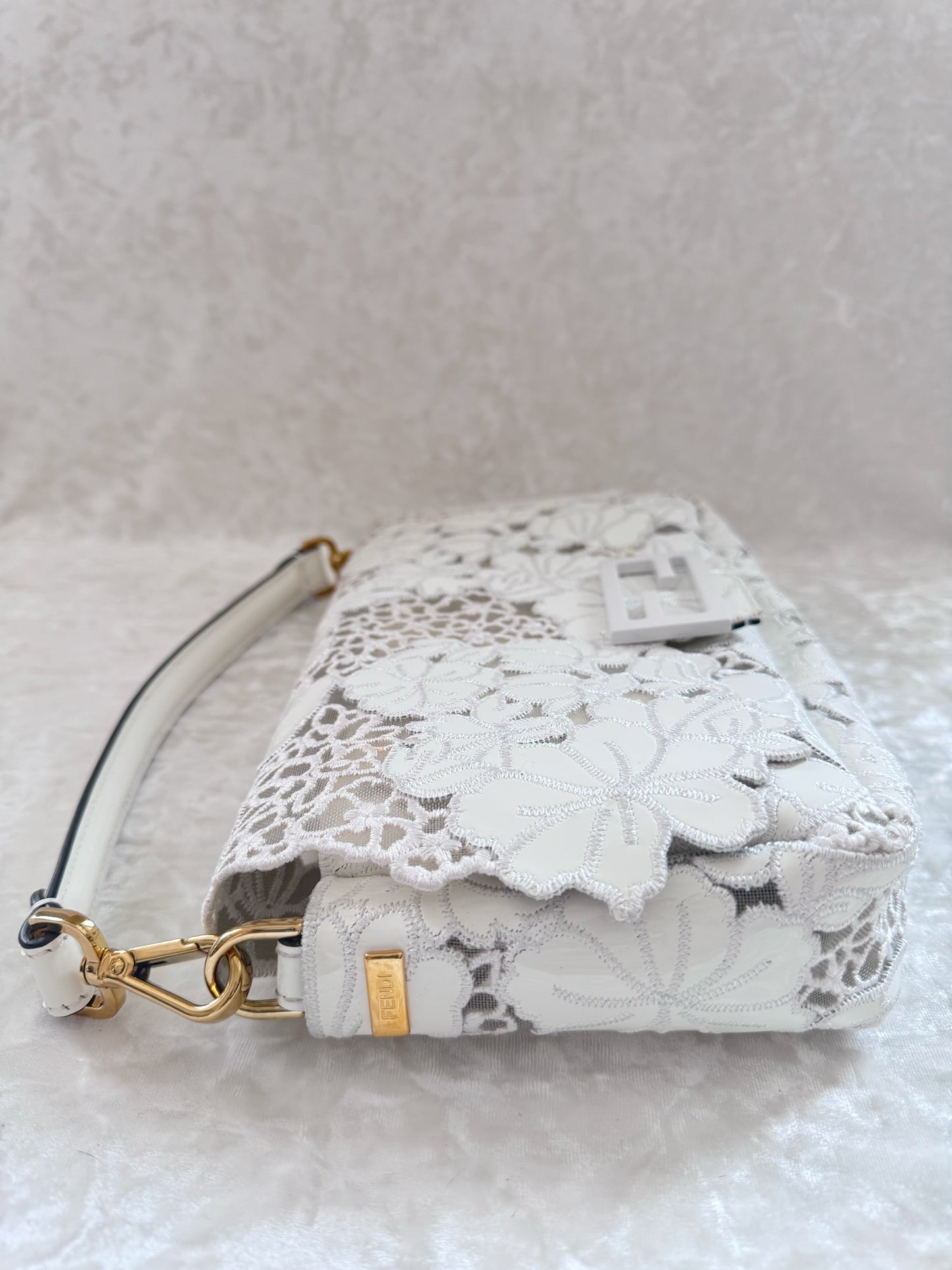 Fendi 2021 White Floral Laced Baguette