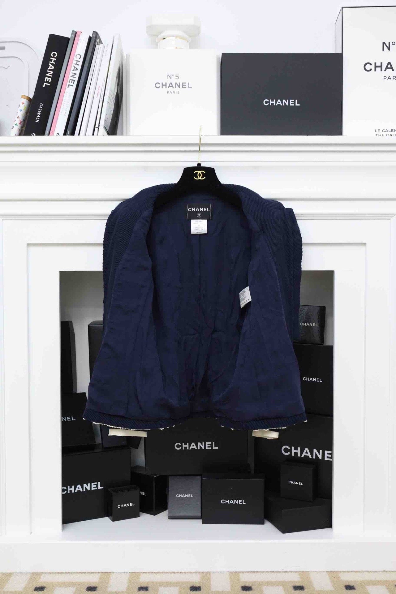 Chanel 09P navy blue twill trompe loeil white pearl military jacket