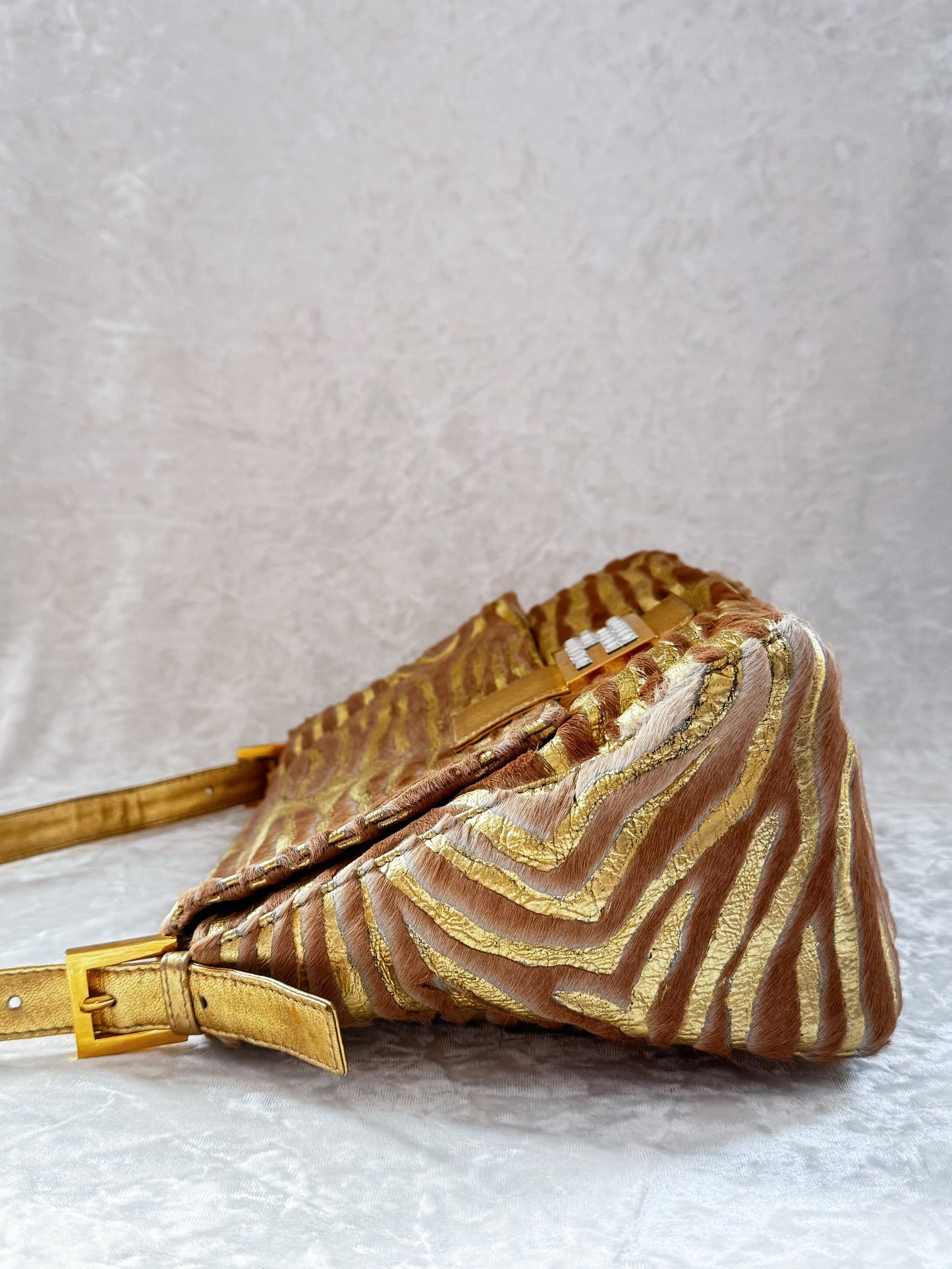 Fendi Pony Hair Zebra Printed Gold Mamma Baguette