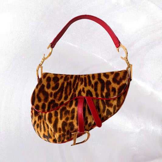 Christian Dior Leopard Print Pony Hair Saddle Bag