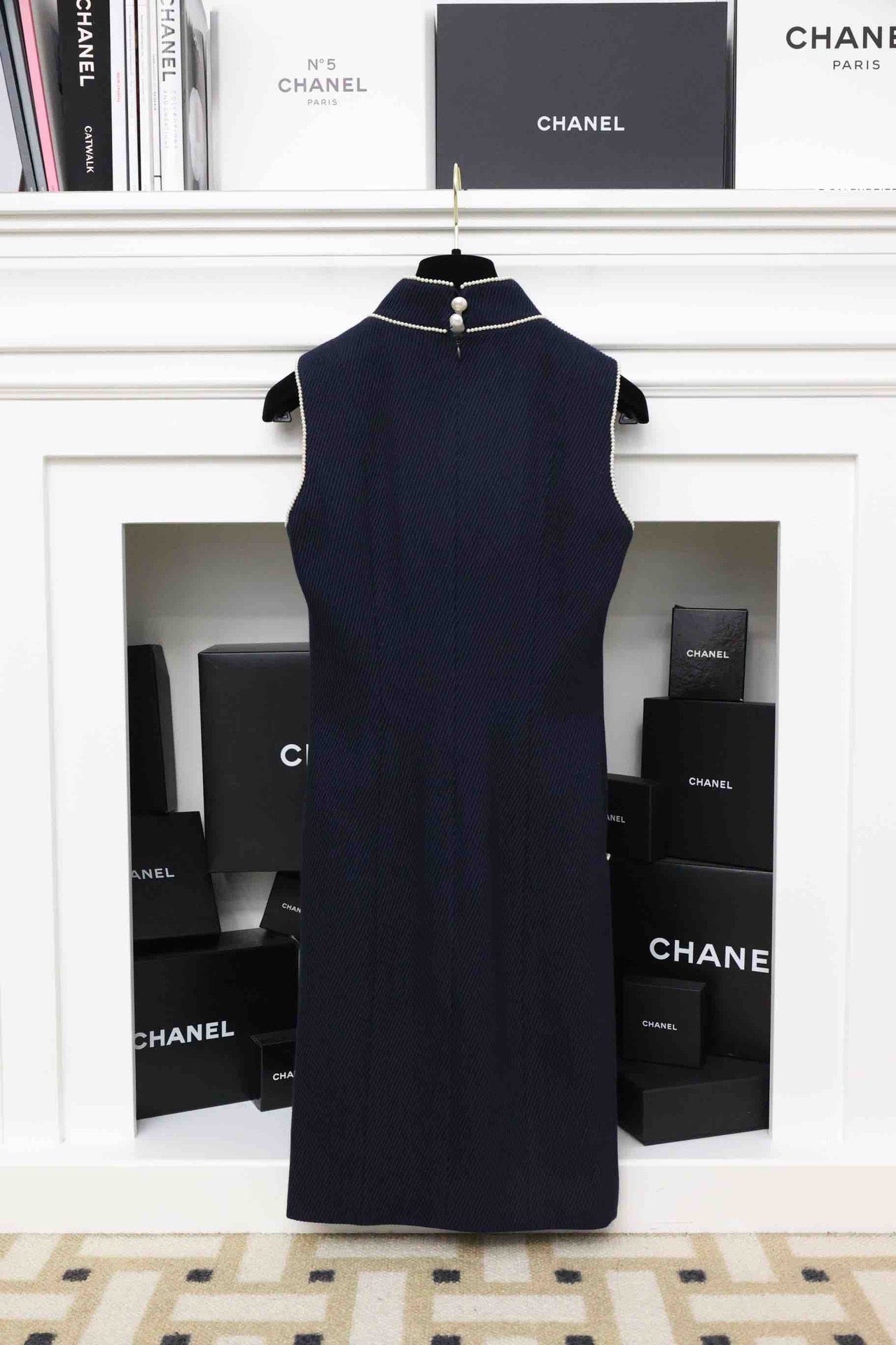 Chanel 09P navy blue twill trompe loeil white pearl military dress