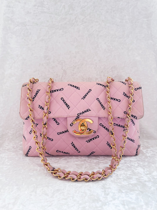Vintage Chanel Pink Logo Canvas Maxi Shoulder Bag