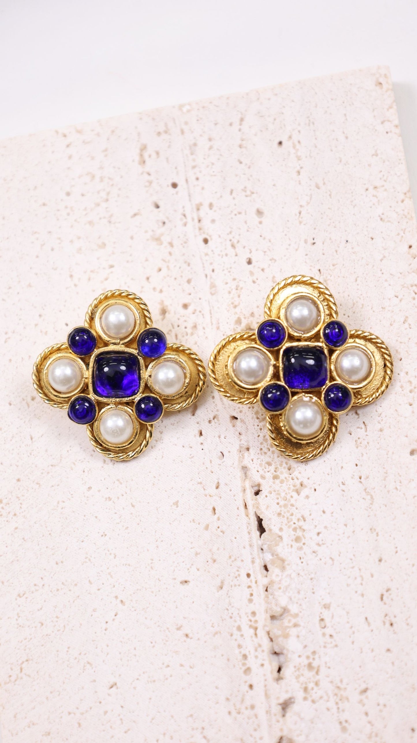 Vintage Chanel Blue Gripoix Pearl Clover Ear Clips