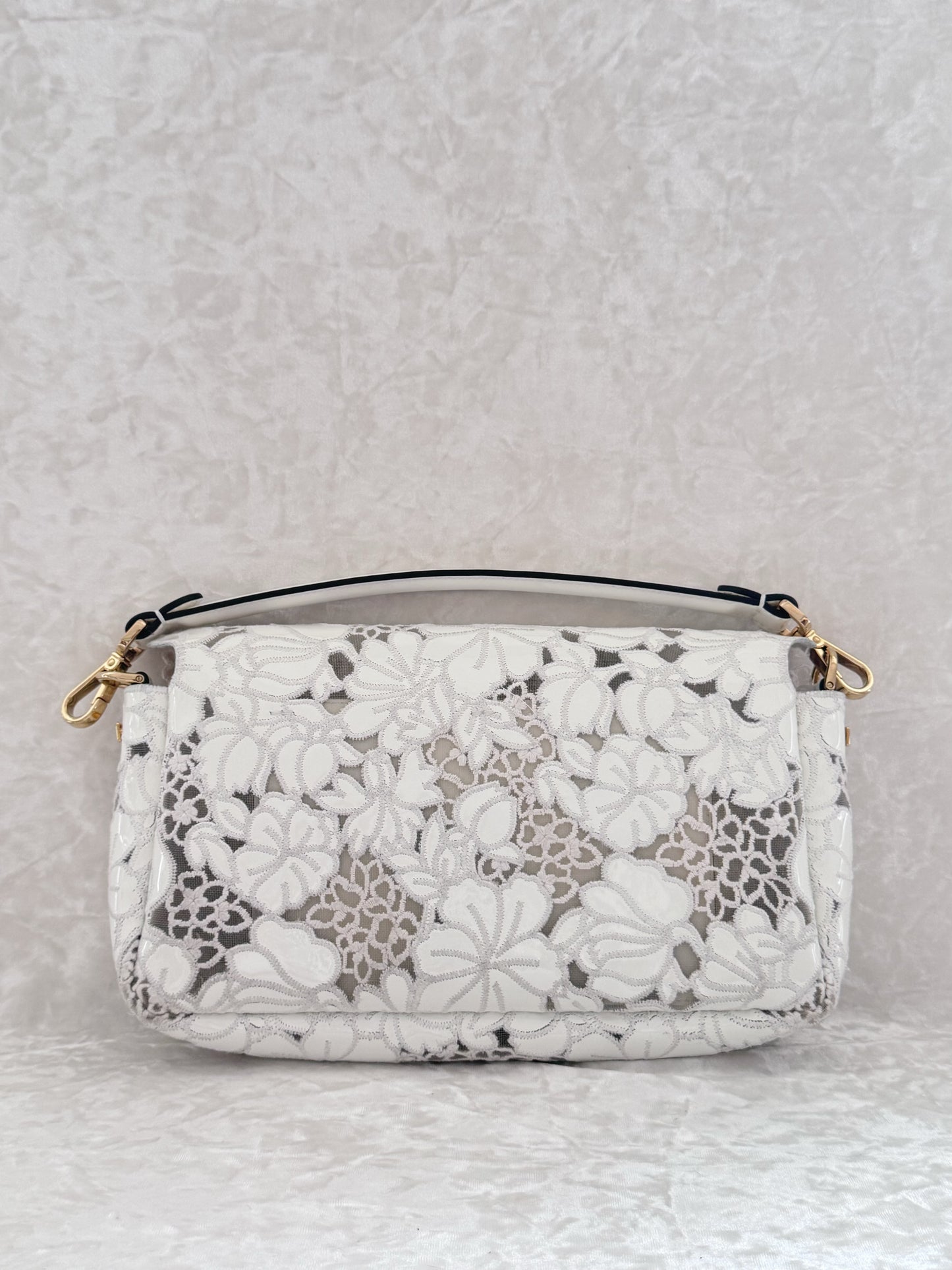 Fendi 2021 White Floral Laced Baguette