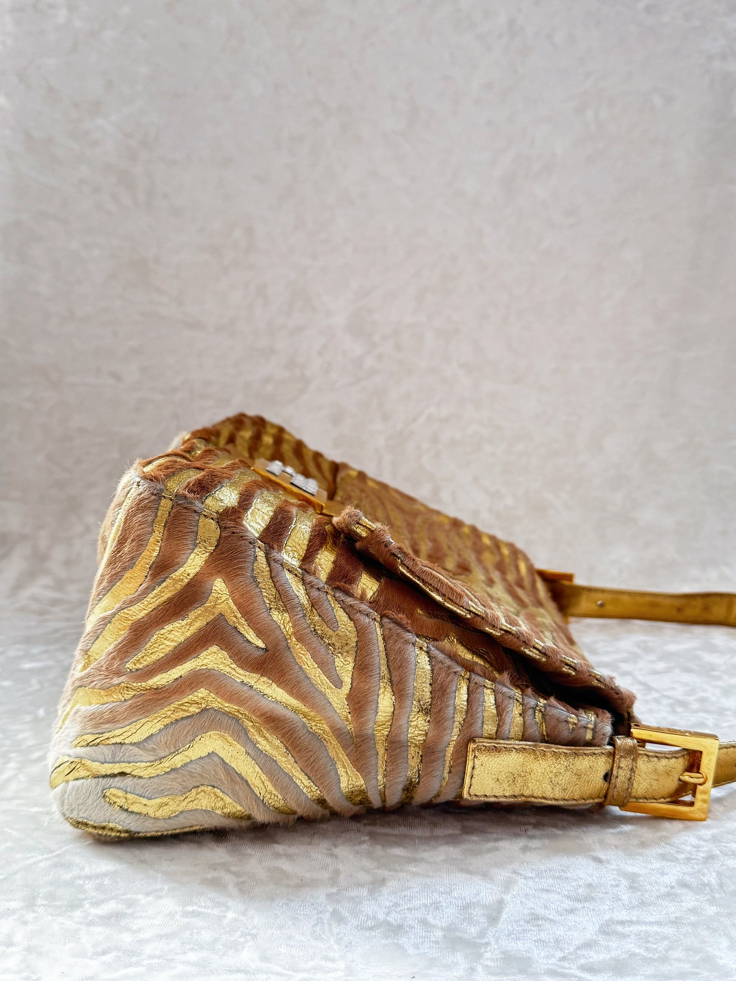 Fendi Pony Hair Zebra Printed Gold Mamma Baguette