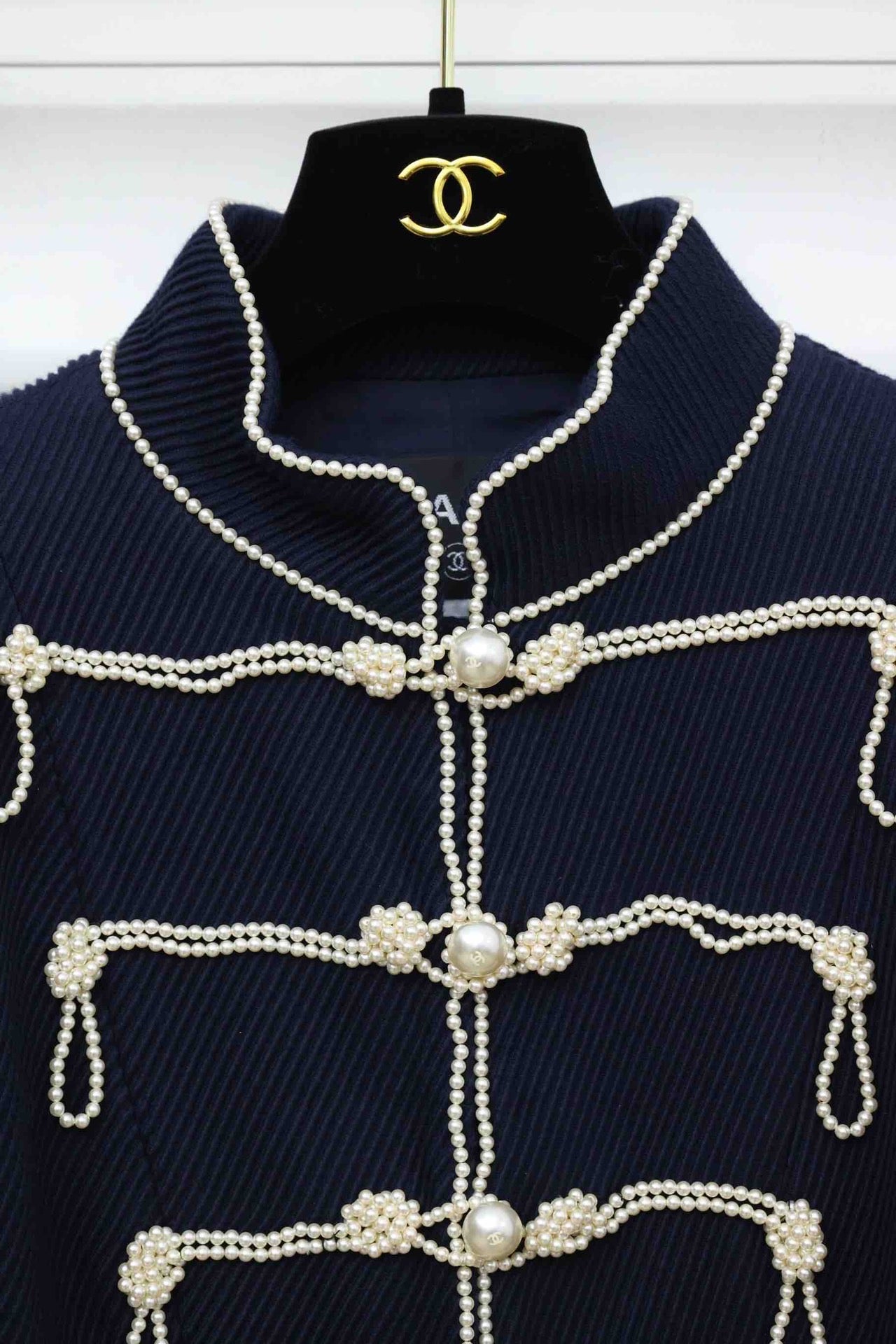 Chanel 09P navy blue twill trompe loeil white pearl military jacket