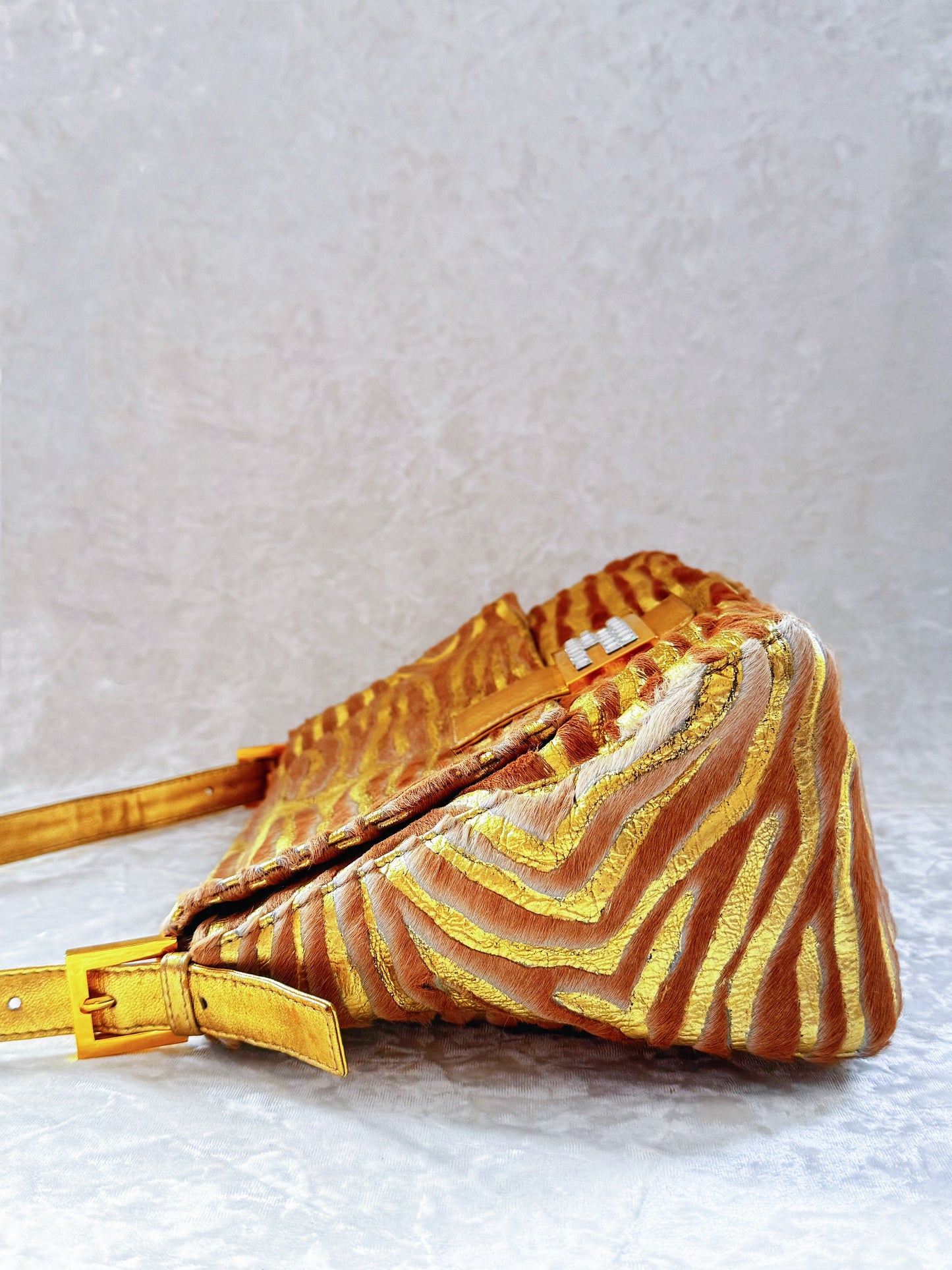 Fendi Pony Hair Zebra Printed Gold Mamma Baguette