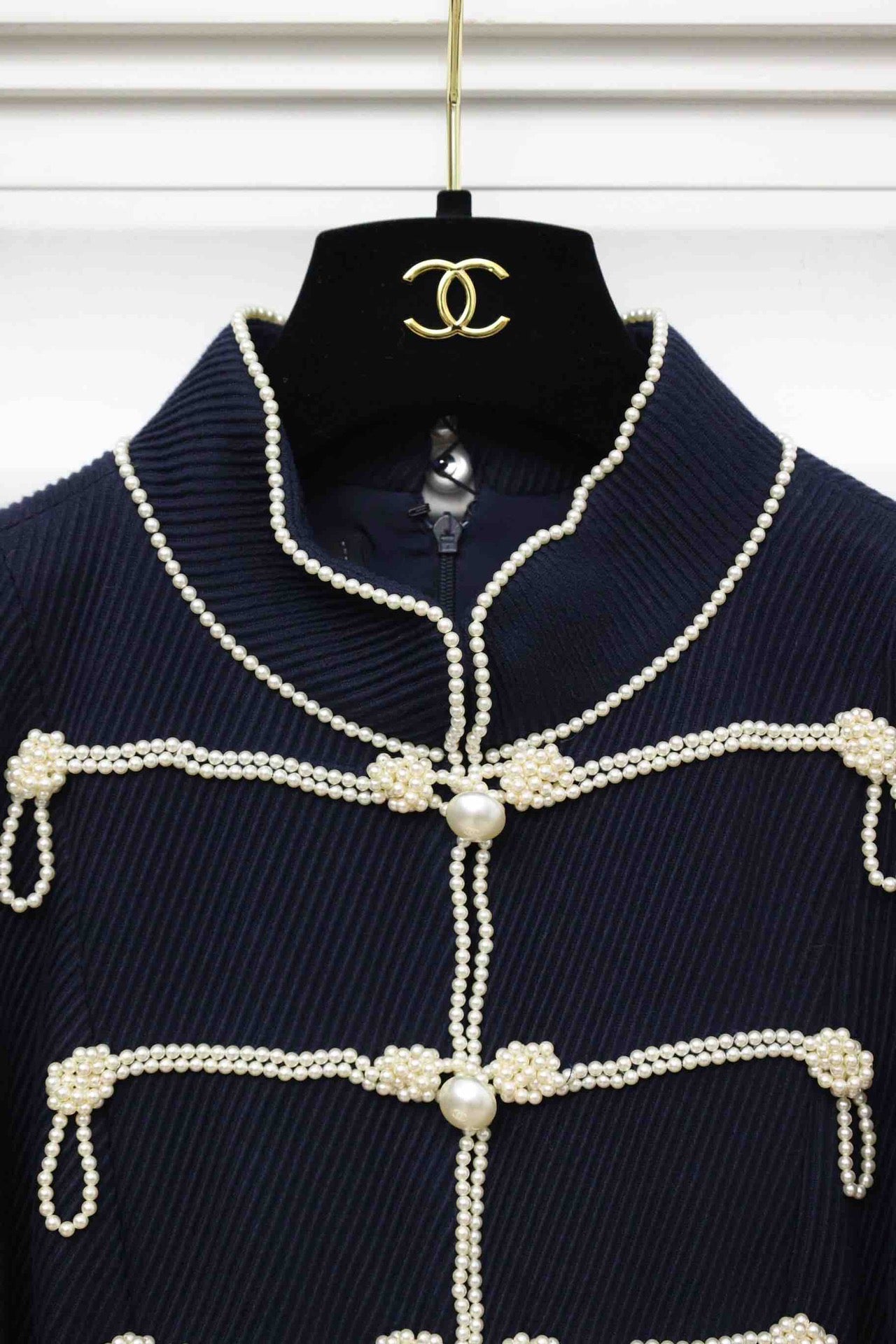 Chanel 09P navy blue twill trompe loeil white pearl military dress