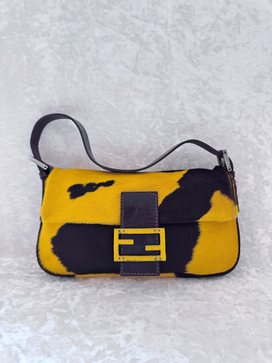 Fendi Yellow Ponyhair Cow Print Baguette