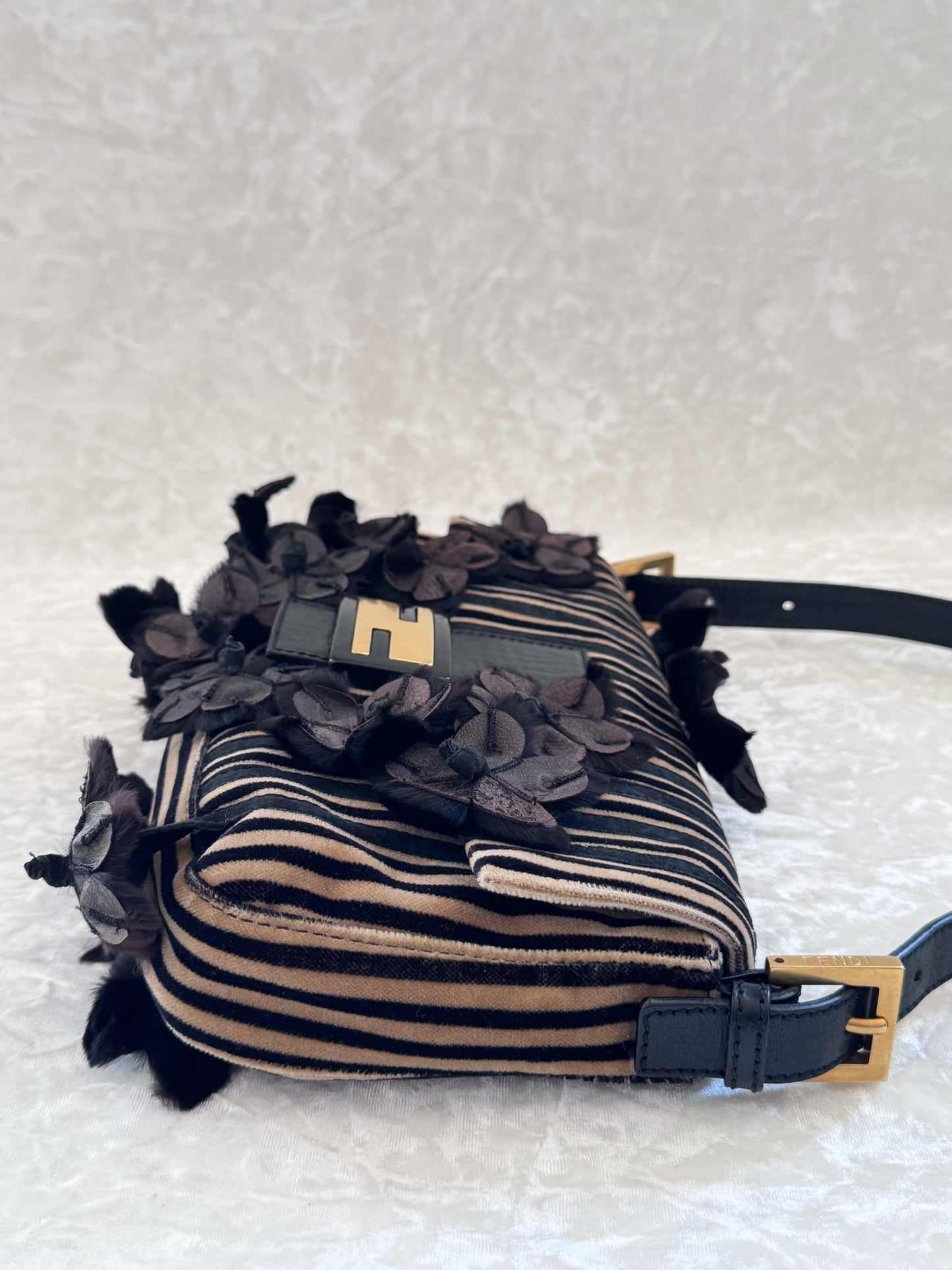 Fendi Velvet Striped Mink Flowers Baguette