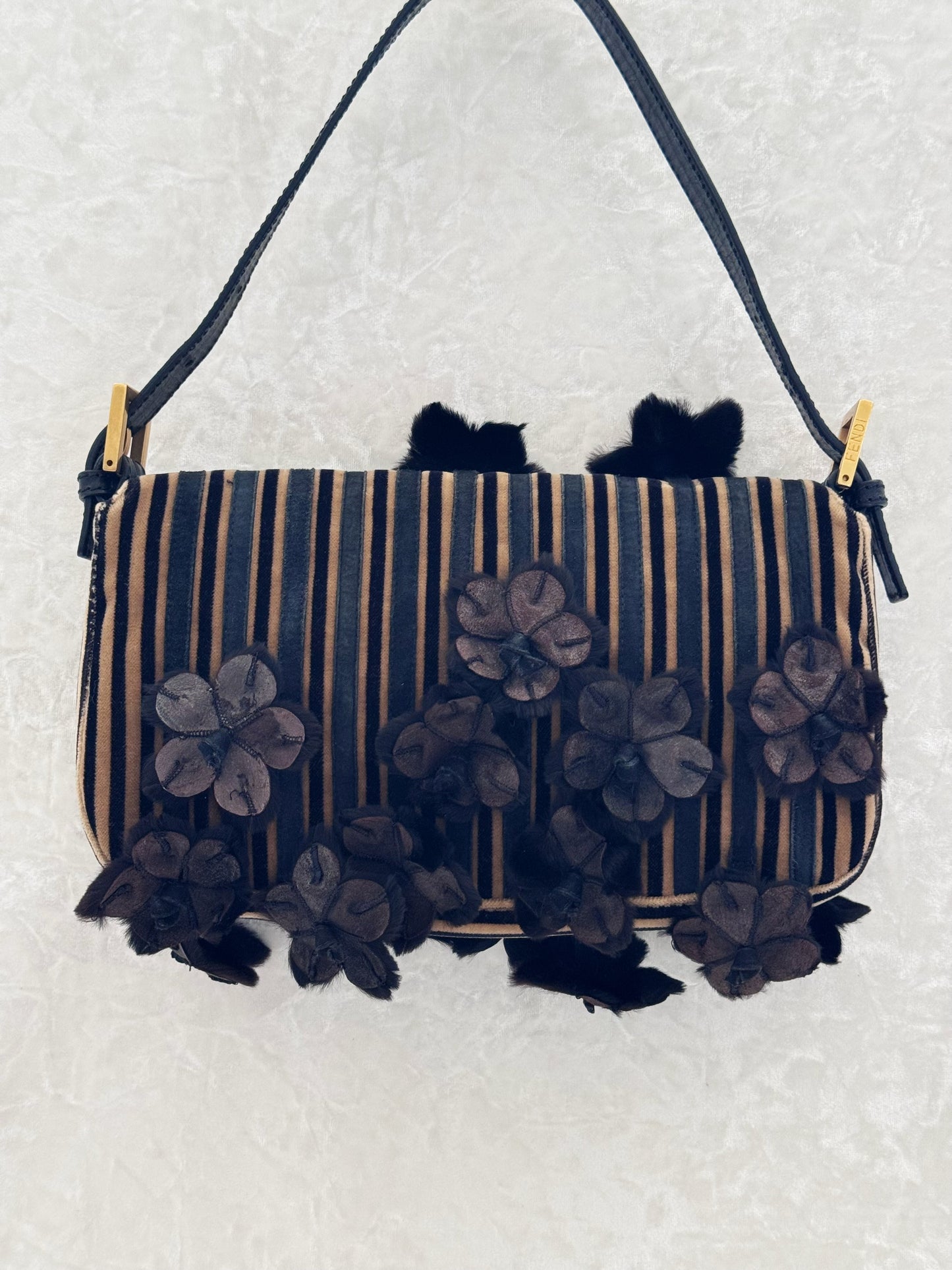 Fendi Velvet Striped Mink Flowers Baguette
