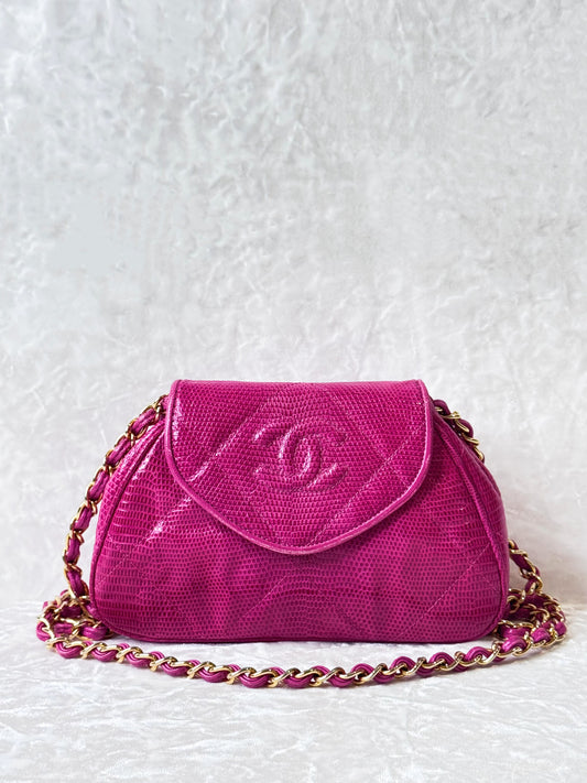 Vintage Chanel Hot Pink Lizard Mini Shoulder Flap