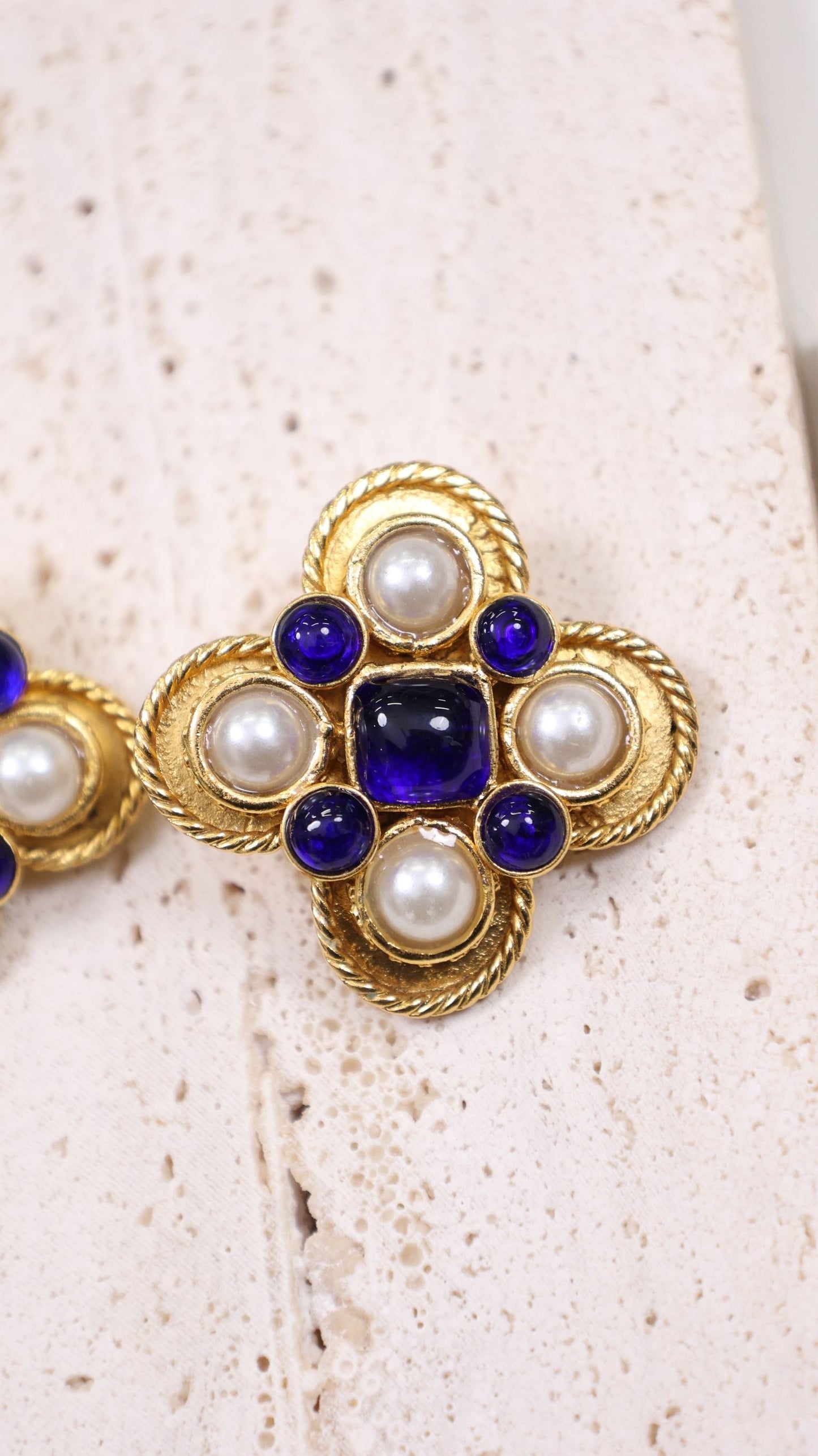 Vintage Chanel Blue Gripoix Pearl Clover Ear Clips