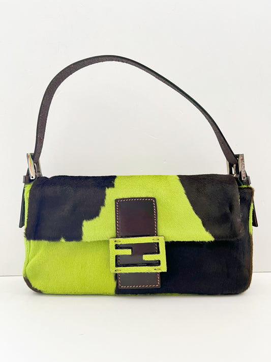 Fendi Green Pony Hair Cow Printed Baguette