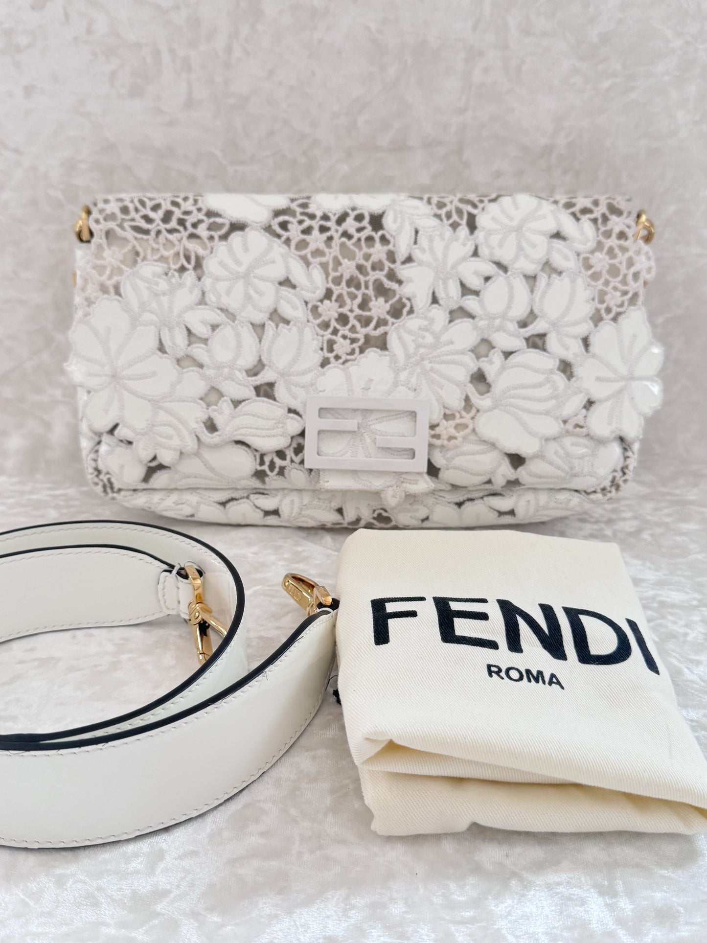 Fendi 2021 White Floral Laced Baguette