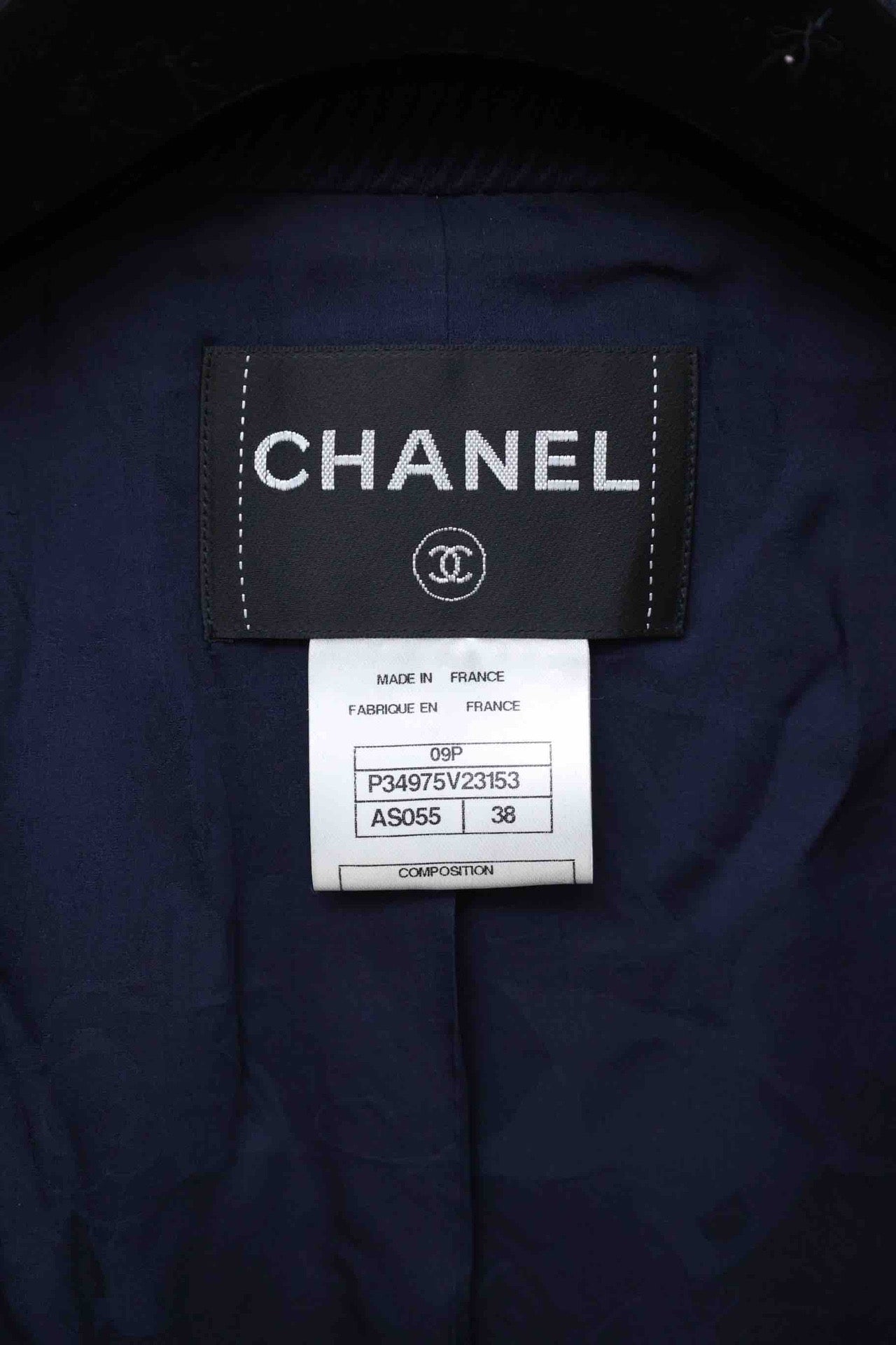 Chanel 09P navy blue twill trompe loeil white pearl military jacket