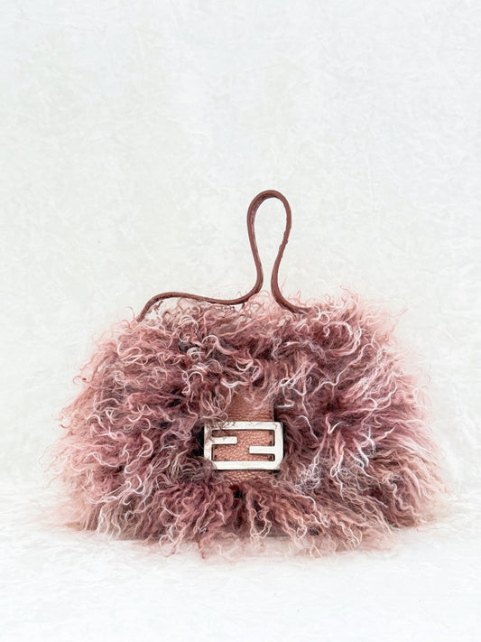 Fendi Rosa Mongolian Lamb Mini Mamma Baguette