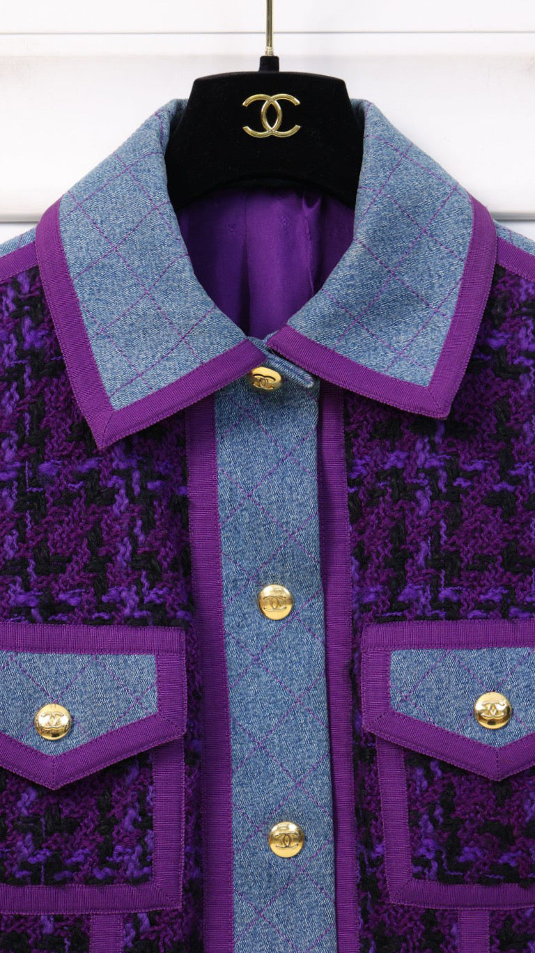 Vintage Chanel 91P Purple Tweed Denim Details Jacket