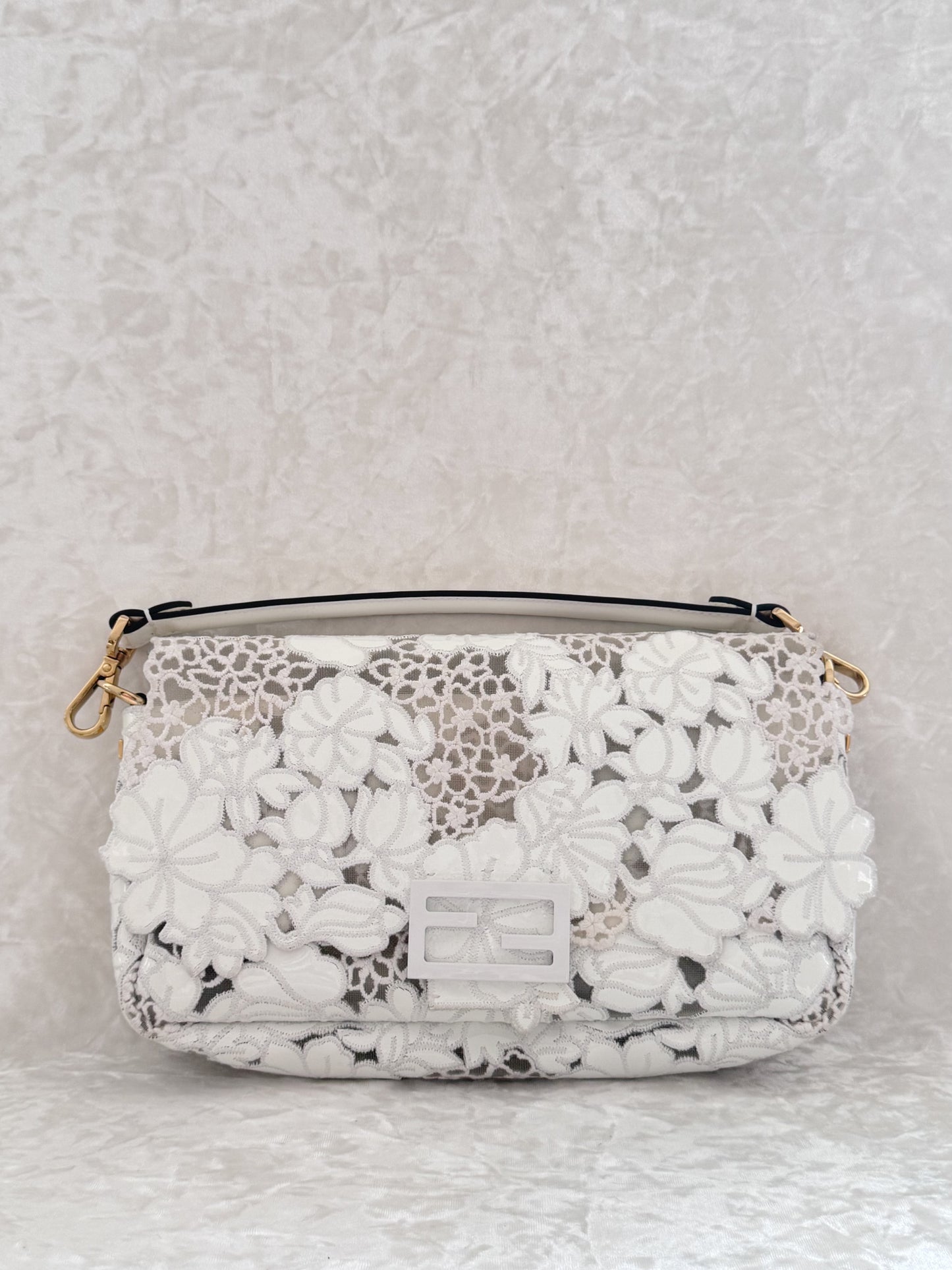 Fendi 2021 White Floral Laced Baguette