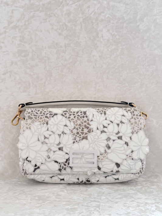 Fendi 2021 White Floral Laced Baguette
