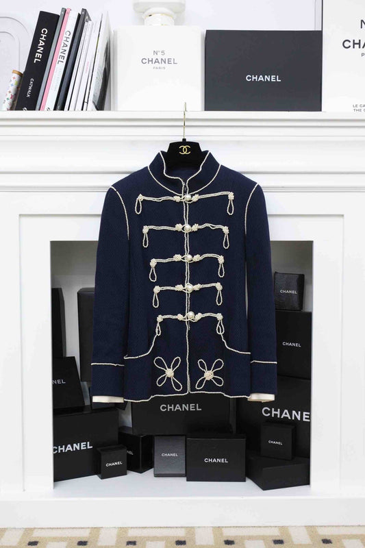 Chanel 09P navy blue twill trompe loeil white pearl military jacket