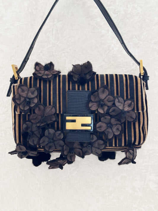 Fendi Velvet Striped Mink Flowers Baguette