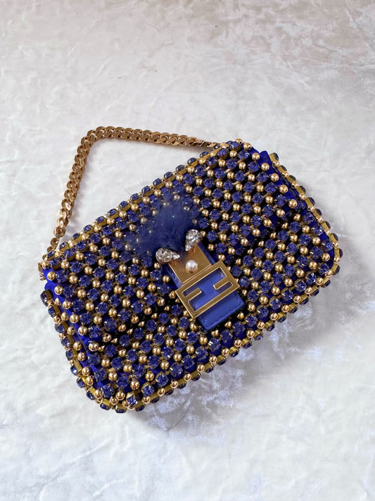 Fendi Purple Rhinestone Gold Beaded Mini Baguette