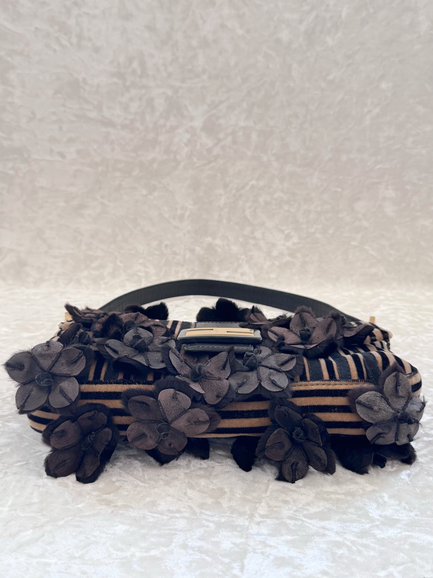 Fendi Velvet Striped Mink Flowers Baguette