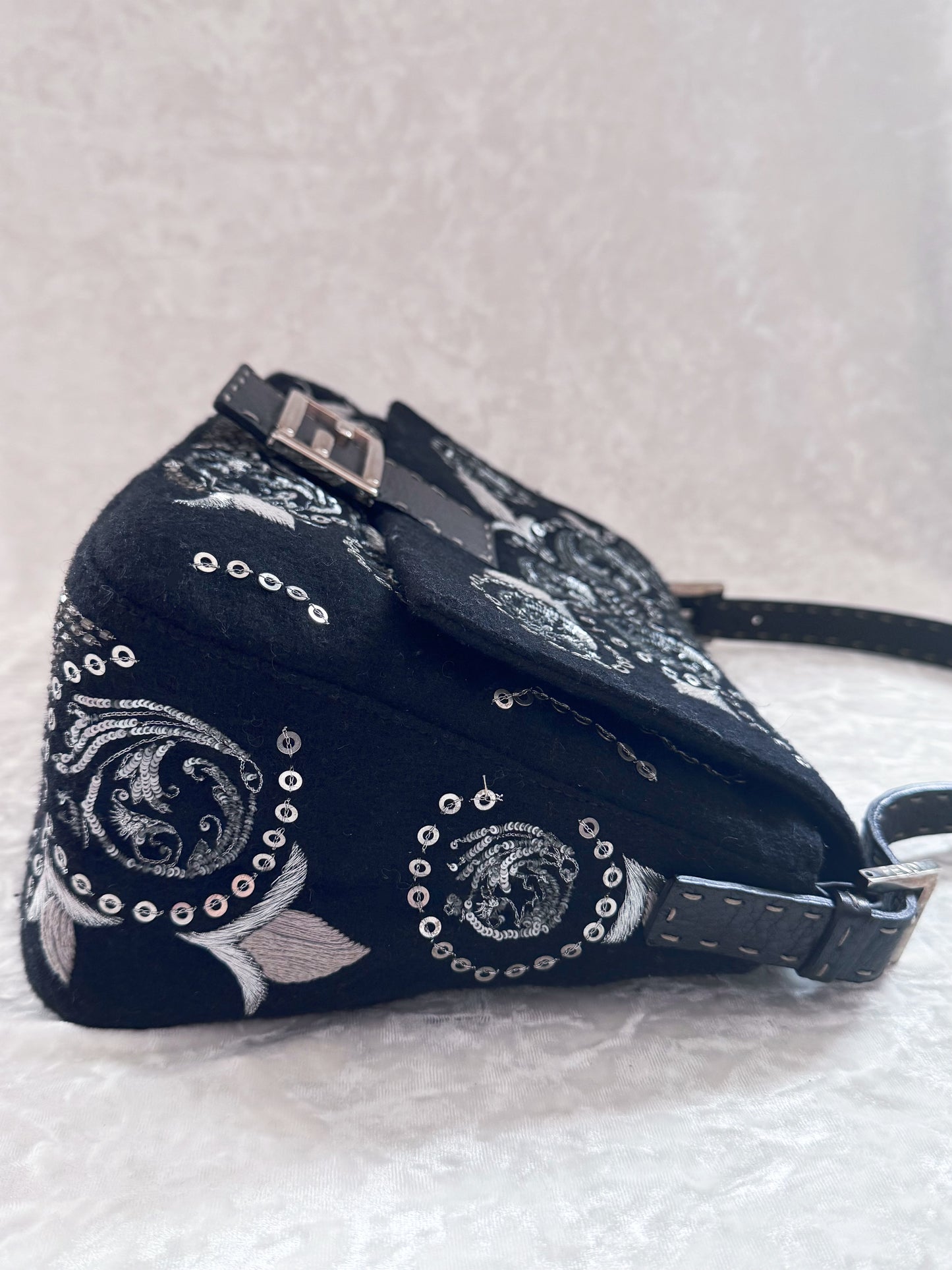 Fendi Black Wool Sliver Embroidery Sequins Mamma Baguette