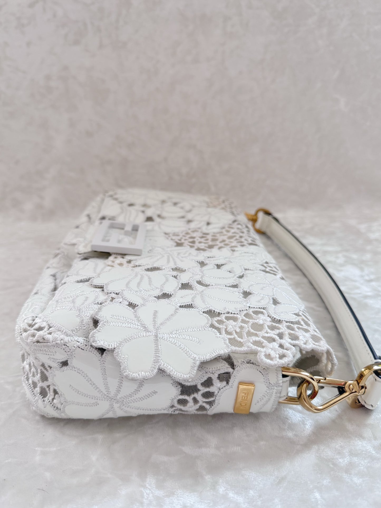 Fendi 2021 White Floral Laced Baguette