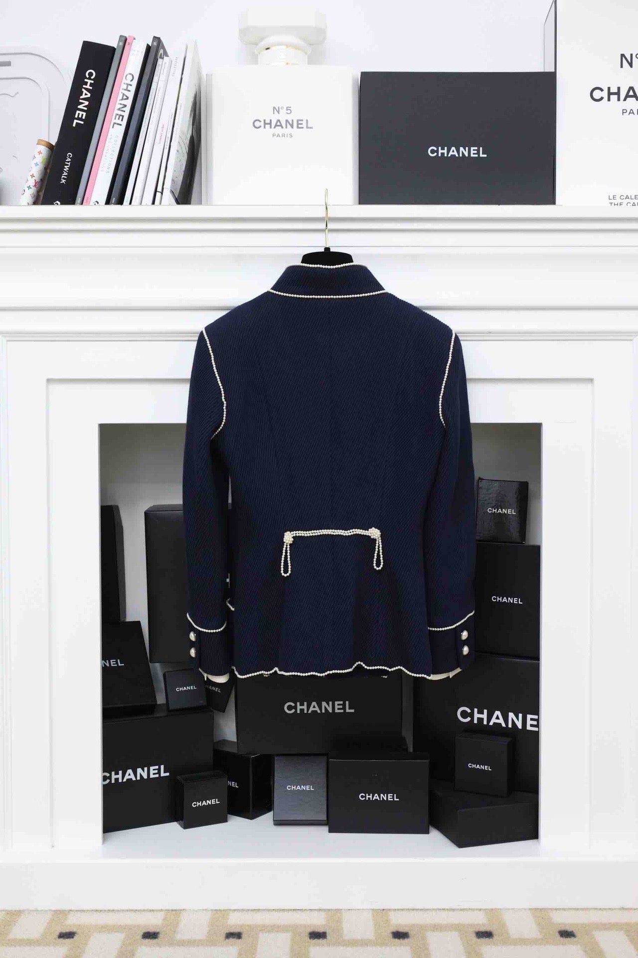 Chanel 09P navy blue twill trompe loeil white pearl military jacket