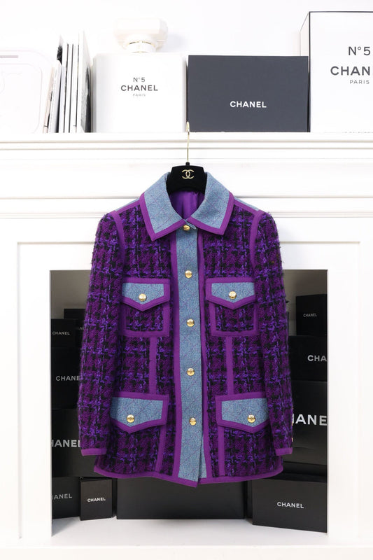 Vintage Chanel 91P Purple Tweed Denim Details Jacket