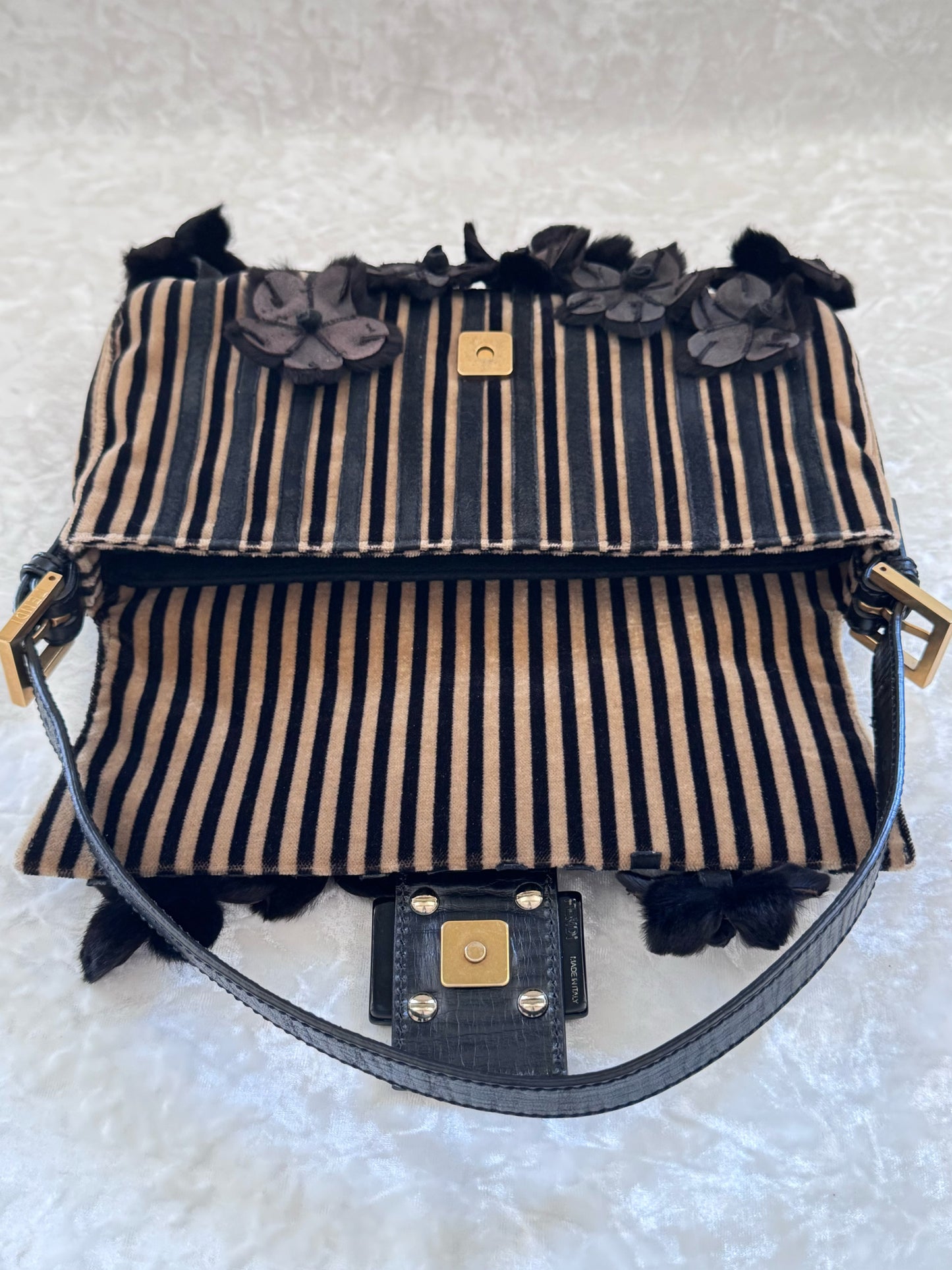 Fendi Velvet Striped Mink Flowers Baguette