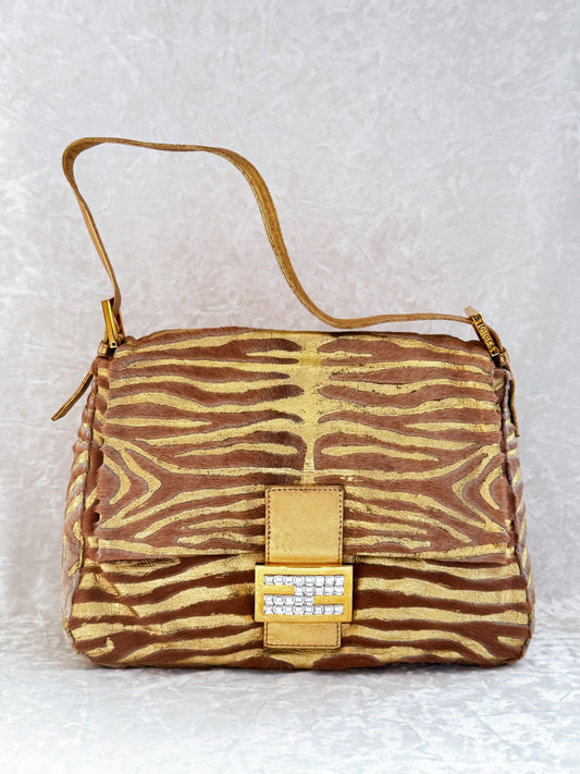 Fendi Pony Hair Zebra Printed Gold Mamma Baguette